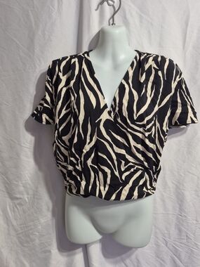 Zebra-Print Black & Cream Cropped Wrap Top, Size Small